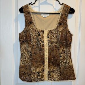 Dressbarn Brown Paisley Print Sleeveless Blouse with Ruffles Size L